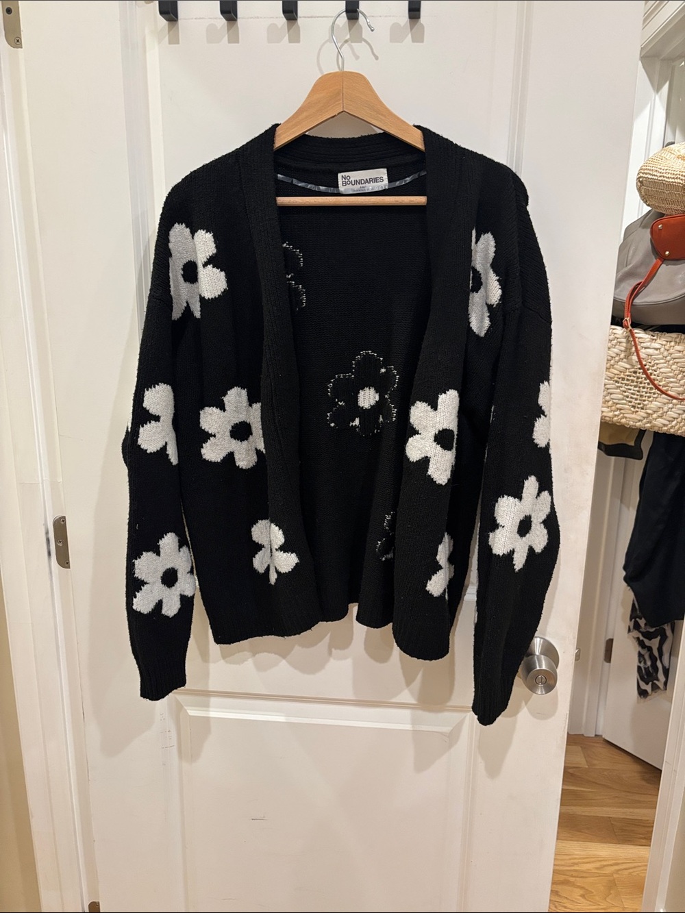 No Boundaries Black and White Floral Open-Front Cardigan